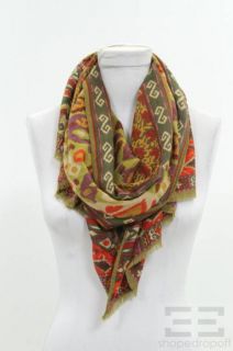etro green orange print silk wool scarf