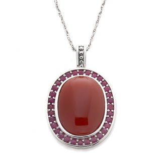 Sterling Silver Oval Shaped Red Agate and Ruby Pendant with 18 Chain