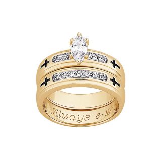 18K Gold CZ Cross Engraved 2 piece Wedding Ring Set