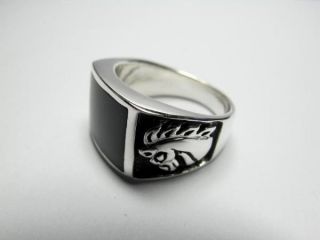 925 Sterling Silver Black Onyx Engraved Horse Knight Mens Thick Ring