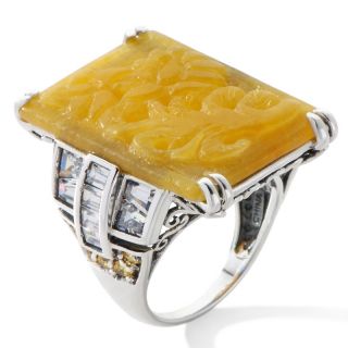 Jade of Yesteryear Carved Yellow Jade and CZ Sterling Silver Ring at