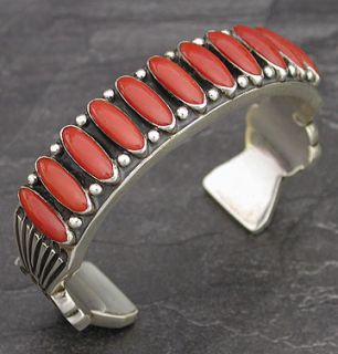 Navajo Ernest Roy Begay Sterling Silver Coral Row Bracelet Native