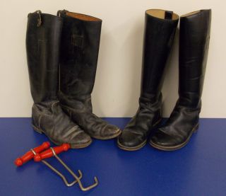   Leather Equestrian Riding Boots Lot of Two Pairs with Two Boot Hooks
