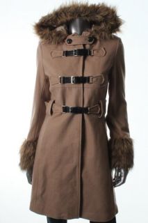 Famous Catalog Moda New Tan Wool Faux Fur Trim Hooded Buckle Front