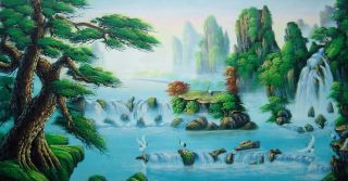 24x48 Fairland with Cranes, Pines and Waterfall Oil Painting Asian