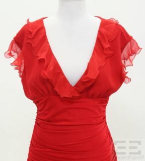 Emanuel UNGARO Red Silk Ruffle Trimmed V Neck Dress Size 40