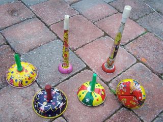 Lot of 6 Vintage Tin New Years Noisemakers 2 Horns 3 Bells 1 Rattle