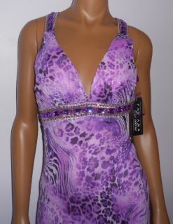 FAVIANA Couture Evening Dress Beaded Back Purple Printed Gown 0 US 2