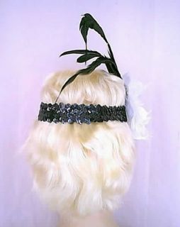 Flapper Headband Black Sequins Coque Feathers w/ White Pom Pom