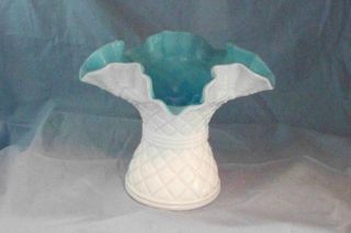 Fenton Diamond Lace Milk Glass Outside Blue Inside Vase