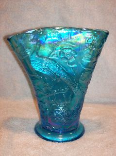 Fenton Celeste Glass Blue Carnival Fan Peacock Vase