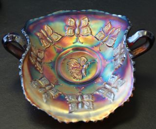 Beautiful Fenton Carnival Glass Amethyst Butterfly Pattern Bon Bon