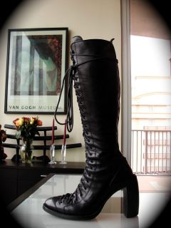 Ann DEMEULEMEESTER F w 08 Black Single Lace Talon Heels Tall Boots Sz