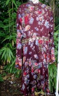 Johnny Was Sheer Rayon Dress L Brown Floral Print Red Green Pockets V