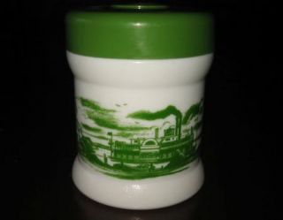 Vtg Milk Glass Canister Jar w Lid White Green Design Steamboat Paddle