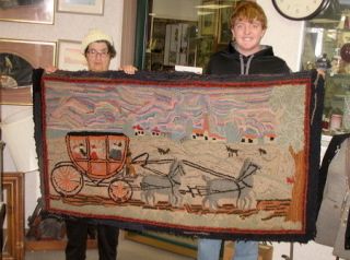 Early Hand Hooked Rug Fancy Carriage A Farm Primitive Horses 1890 Wool