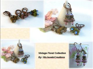 New Pink Green Bronze Flower Jewelry Dangle Earrings w Swarovski 3