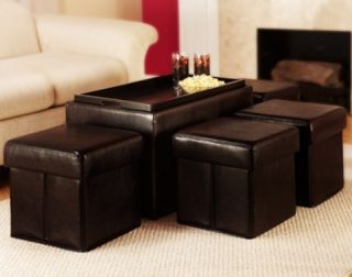 Espresso Coffee Table Storage Faux Leather Bench with 4 Folding