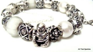 Antique Silver White Buddha Crystal Bead Charm Bracelet