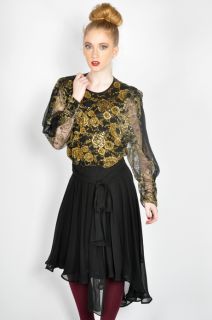  Metallic Sheer Lace Floral Fishtail Full Skirt MIDI Dress S