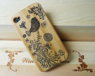 Tree Bird Real Natural Bamboo Wooden Hard Case Cover for iPhone 4S 4G