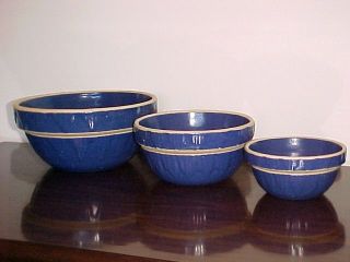 Blue Stoneware Mixing Bowl Nesting Set of 3 USA Yellowware Crocks