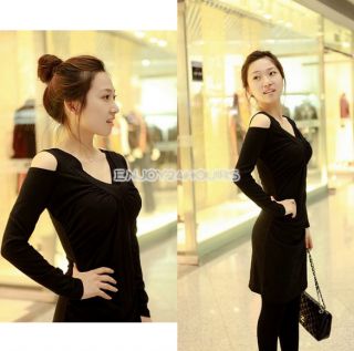 Fashion Sexy Womens Charming V Neck Lone Sleeve Mini Dress Black