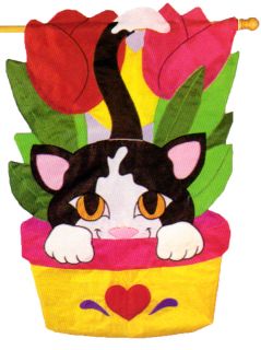  Cat in Tulip Pot Large House Flag Kitten Feline Spring Flowers 31x45