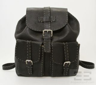 Fendi Selleria Black PEBBLED Leather Topstitched Drawstring Backpack