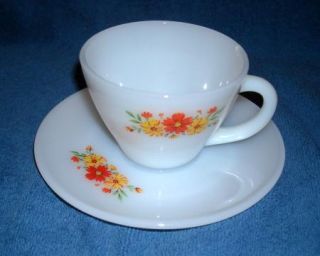 Fire King Cup Saucer Yellow Orange Flowers