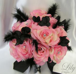 17pcs Wedding Bridal Bouquet Flowers Bride Silk Boutonniere PINK BLACK