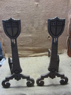  Cast Iron Fireplace Andirons Antique Dogs Mantels Fire Old 7363