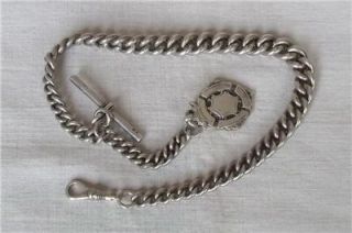  SOLID STERLING SILVER GRADUATED WATCH CHAIN WITH T BAR & FOB BIR 1915