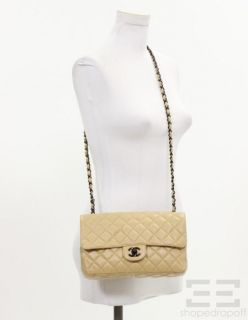  Tan Quilted Leather Black Chain Strap Classic Medium Flap Bag