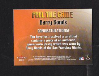 2000 Fleer Showcase Feel The Game Barry Bonds Game Used Jersey s F