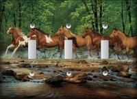Horses Herd Crossing River in Forest Triple Switch Plate