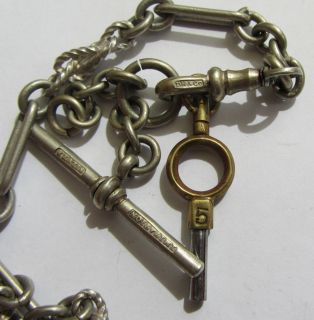 Vintage Mexican Silver Fancy Fetter Link Albert Watch Chain Key by DH