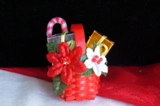  Christmas Wish Basket Pin Wicker Poinsettia Candy Cane Avon NIB Mint