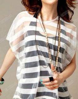 Hot Japan Korea stripes Lace Off Shoulder see through T Shirt Tank Top