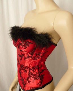 Fur Fredericks of Hollywood Corset Bustier Red Black 34 Goth Victorian
