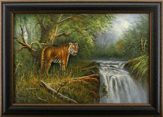 Tiger Forest Jungle River Waterfall Big Cat Animal Art FRAMED OIL