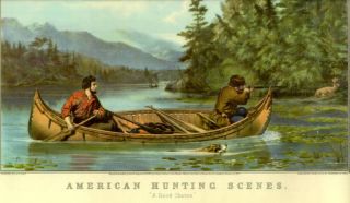 Old Print Adirondacks Hunt Deer Rifle Canoe Forest Lake