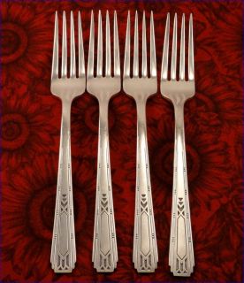 Set 4 Friendship Medality Dinner Forks Vintage 1932 Art Deco Silver