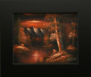 Sunset Dark Red Sky Forest River Mountain Landscape Art Framed Oil