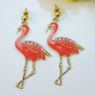 Flamingo Pierced Dangle Earring Pink Rhinestone Crystal
