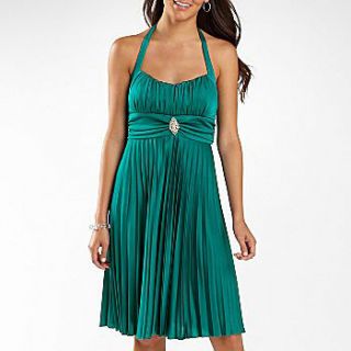 Semi Formal Sparkling Teal Pleated Halter Dress Prom Bridesmaid Party