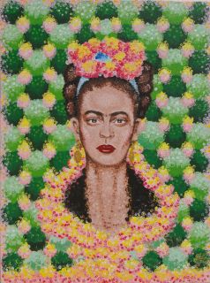 Original Frida Kahlo Inspired Acrylic Painting Blue Ribbon Pink Yellow