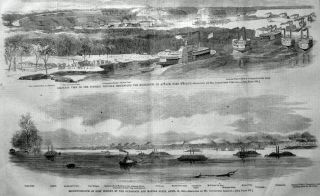 Fort Wright Tennessee Birds Eye View Old Print 1862 Union Gunboat
