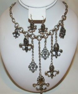 Fleur De Lis Charm Necklace & Earring Set Silver Tone Rhinestone