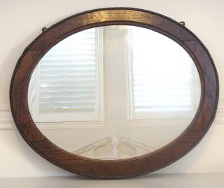 Antique Oak Beaded Wood Frame Oval Mirror